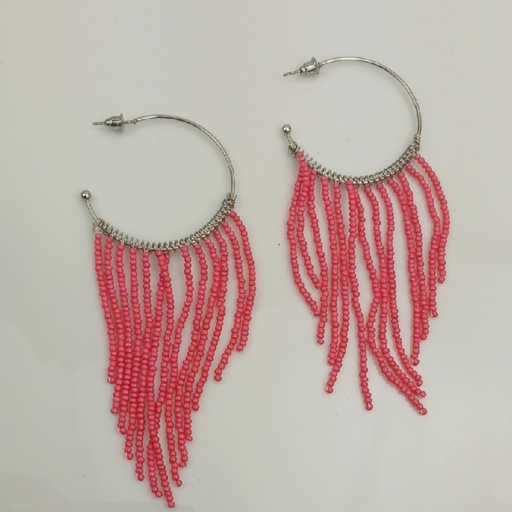 Totally Cool Hot Pink Beaded Fringe Silver Hoop  Earrings